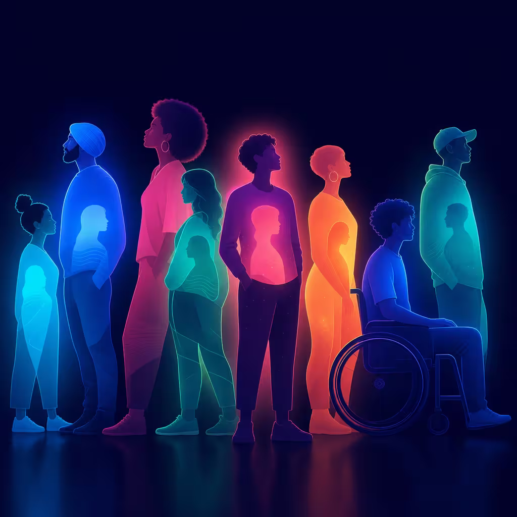 Diverse people glowing in spectrum colors, representing identity and self-discovery through the Kinsey scale